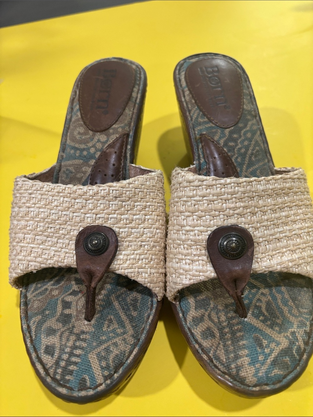 Born Beige Woven Slide Mules with Brown Leather Accents